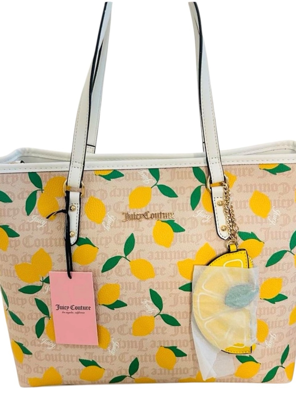 Juicy Couture Yellow Lemon Print Tote with White Trim